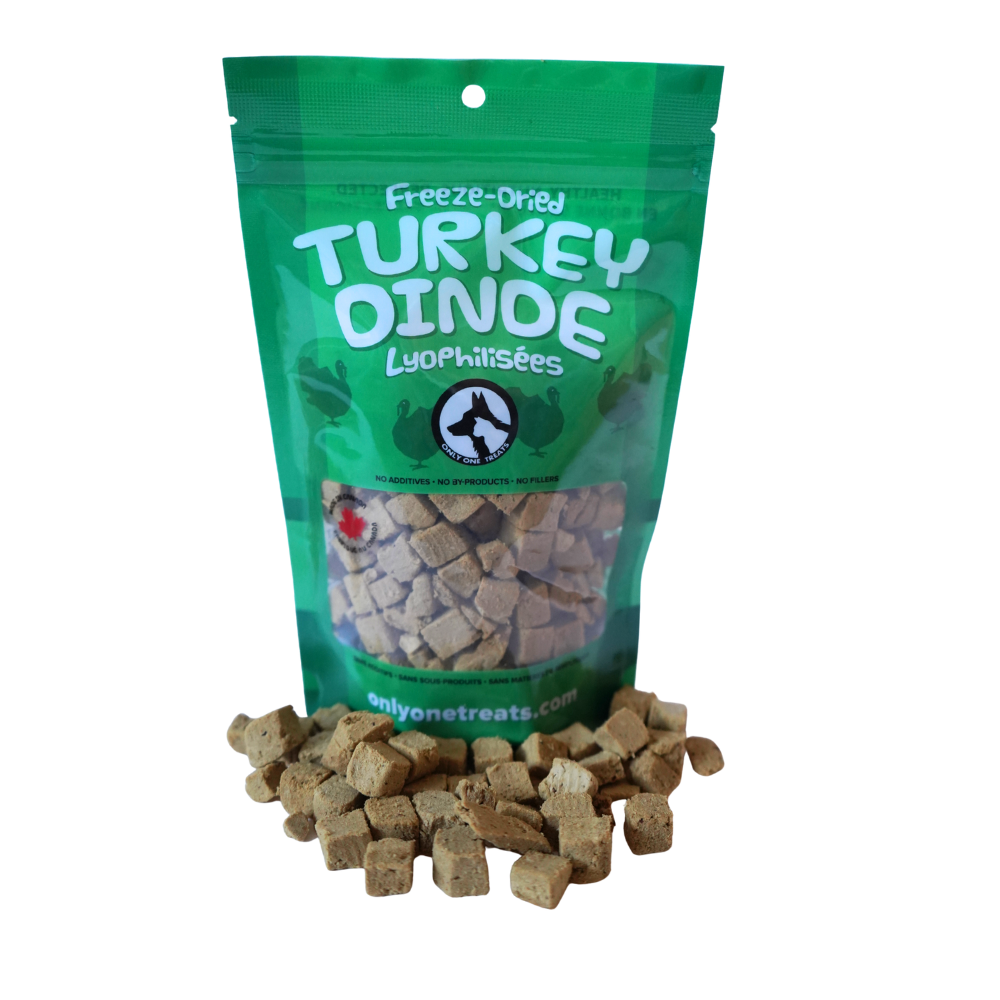 Green package of freeze-dried turkey treats with visible treats on a white background