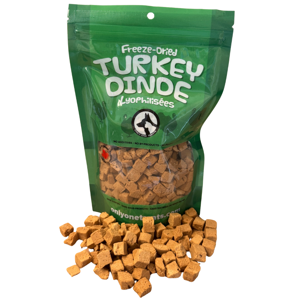 Green package of freeze-dried turkey treats with visible turkey pieces on a white background