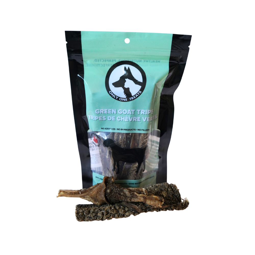 Green goat treats with a branded packaging on a white background