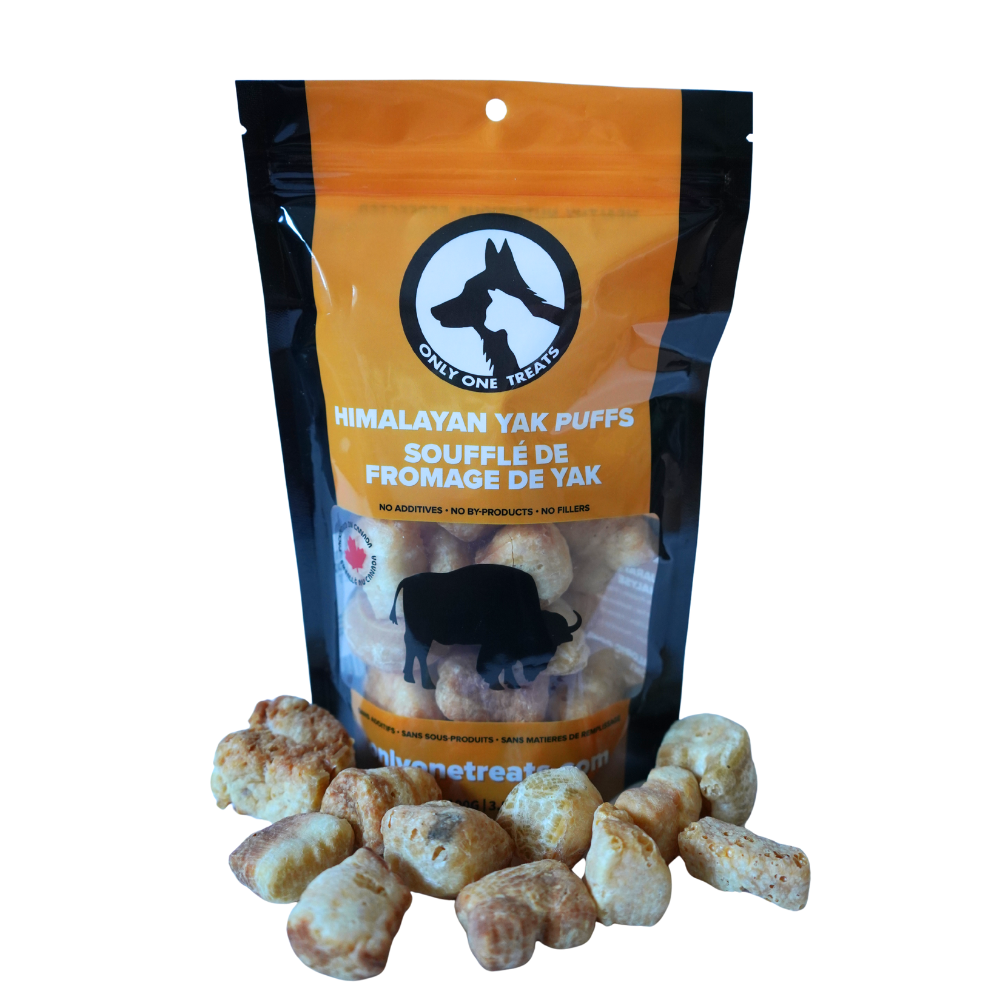 Bag of Himalayan Yak Puffs dog treats with visible treats on a white background