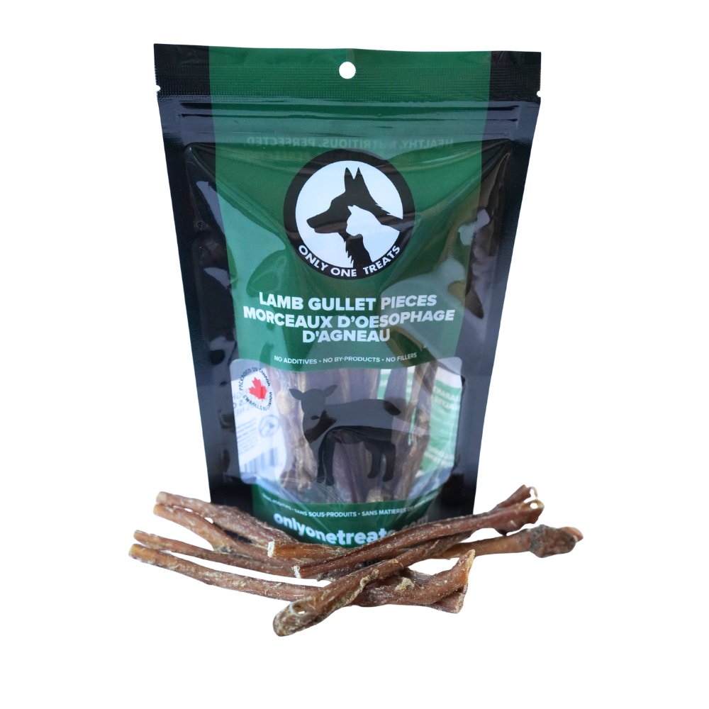 Bag of Only One Treats lamb gullet pieces with sticks on a white background