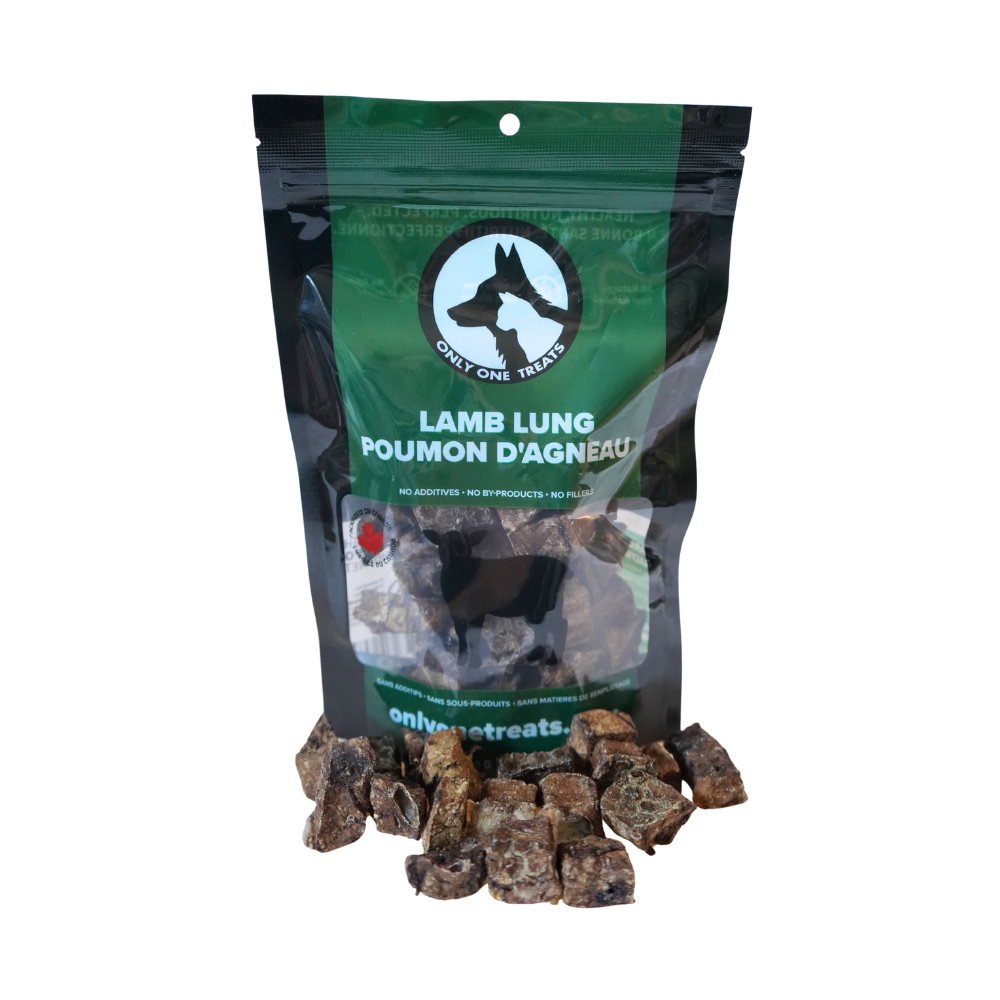 Package of lamb lung treats with visible treats on a white background