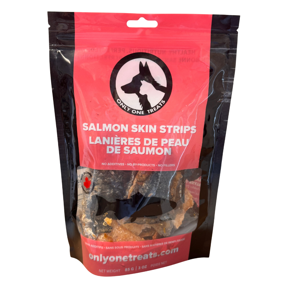 Package of salmon skin strips for dogs with a visible brand logo on a white background