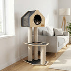 Cat tree with a cat inside in a living room setting