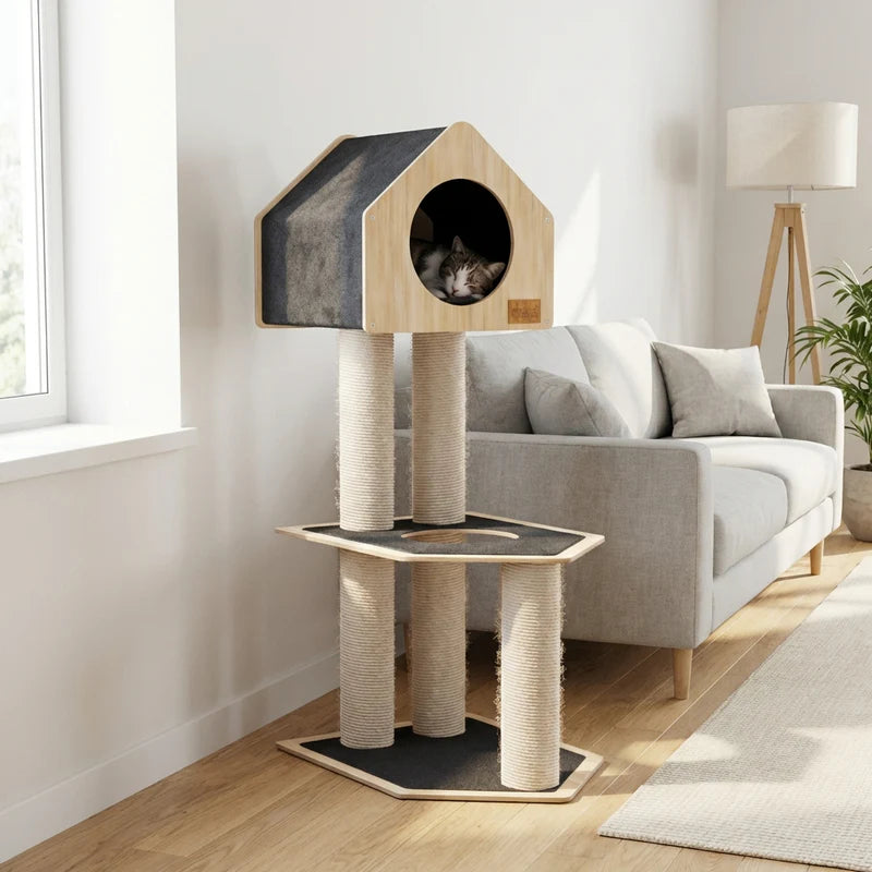 Cat tree with a cat inside in a living room setting