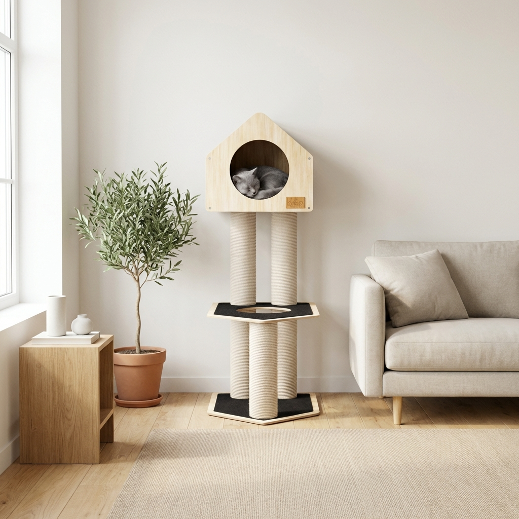 Cat tree with a cat inside in a living room setting with a plant and sofa.