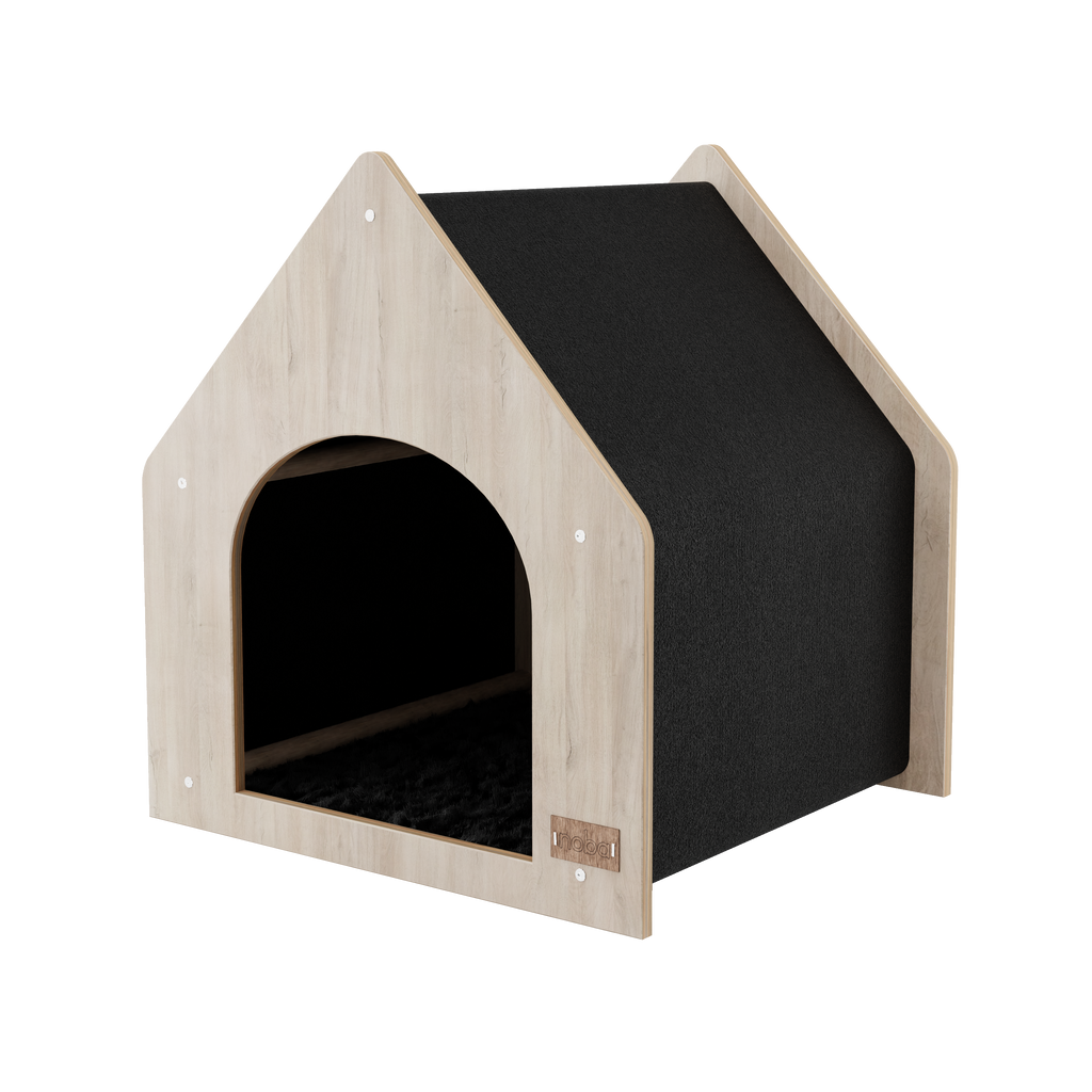 Cat house with black interior and light wood exterior on a white background