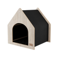 Cat house with black interior and light wood exterior on a white background