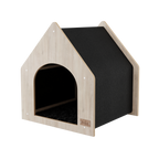 Cat house with black interior and light wood exterior on a white background