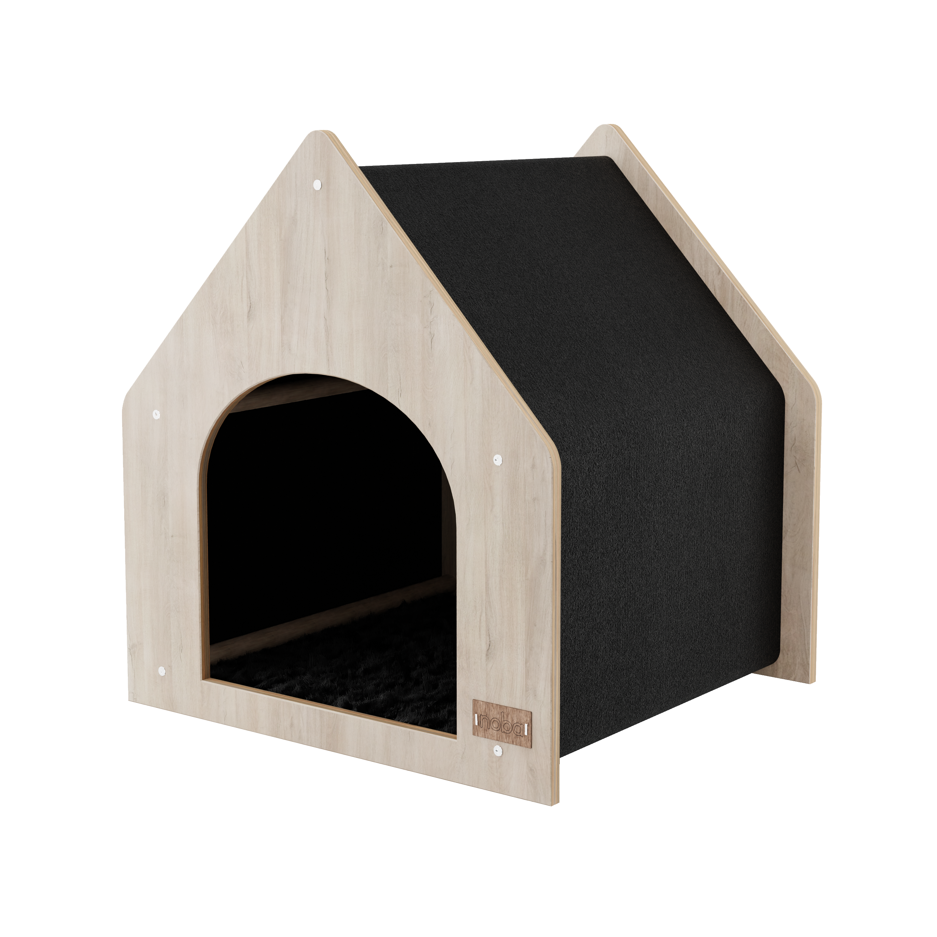 Cat house with black interior and light wood exterior on a white background