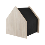 Wooden pet house with black interior on a white background