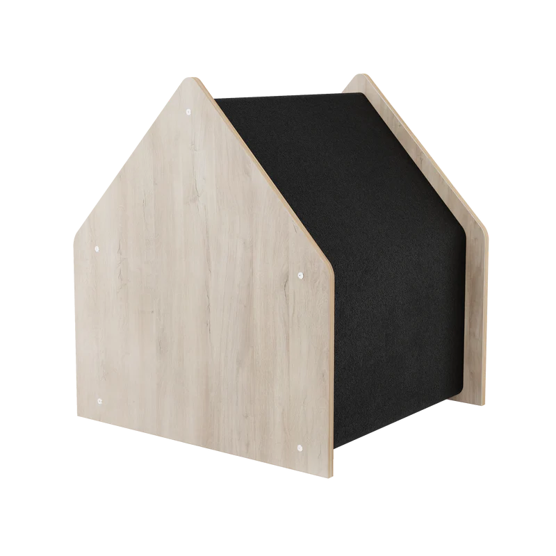 Wooden pet house with black interior on a white background