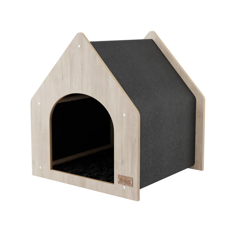 Pet house with gray interior and wooden exterior on a white background