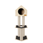 Cat tree with a round nook and sisal-wrapped posts on a white background