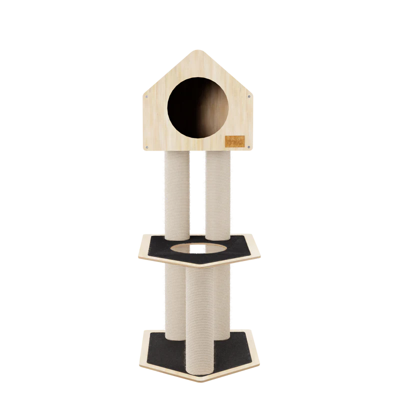 Cat tree with a round nook and sisal-wrapped posts on a white background