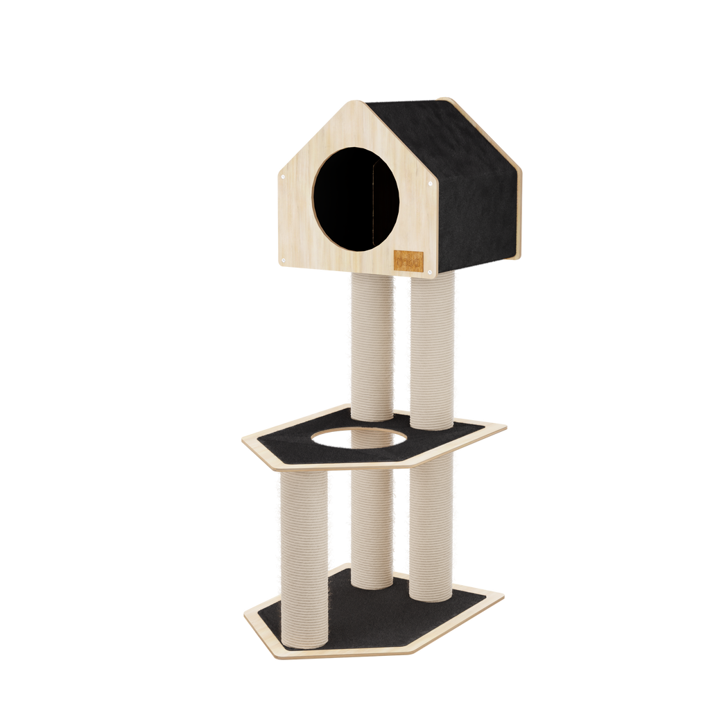 Cat tree with multiple levels and a cylindrical scratching post on a white background