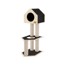 Cat tree with multiple levels and a cylindrical scratching post on a white background