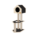 Cat tree with multiple levels and a cylindrical scratching post on a white background