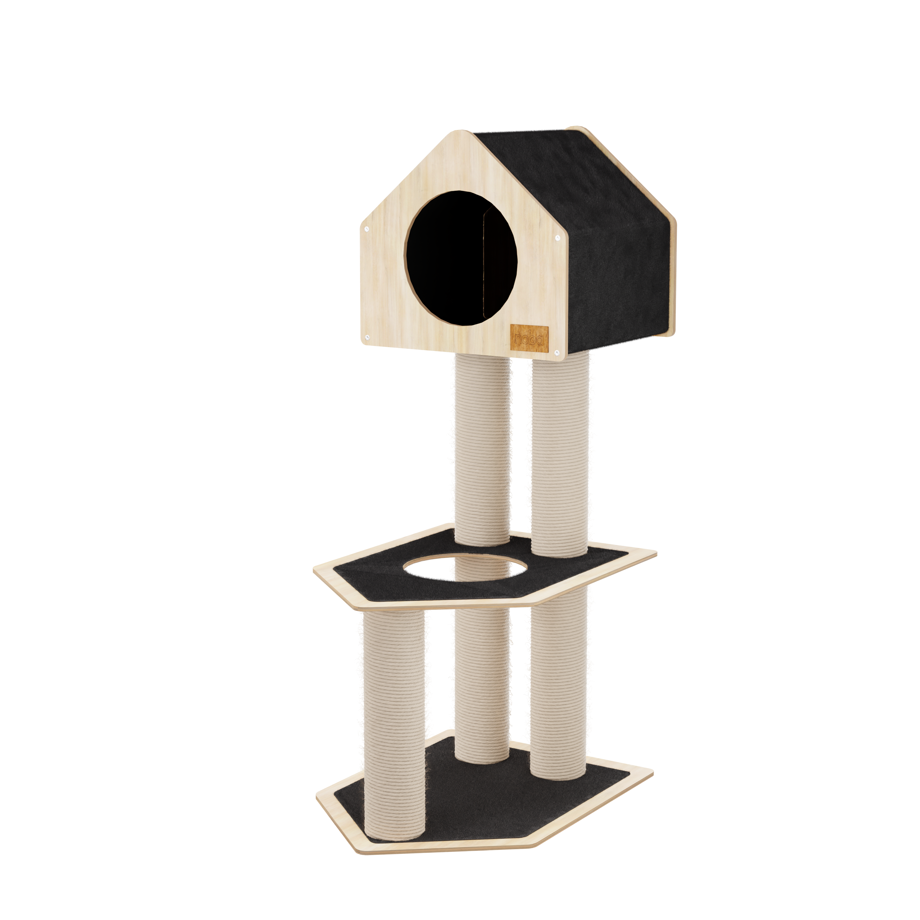 Cat tree with multiple levels and a cylindrical scratching post on a white background