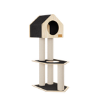 Cat tree with a black platform and beige scratching posts on a white background