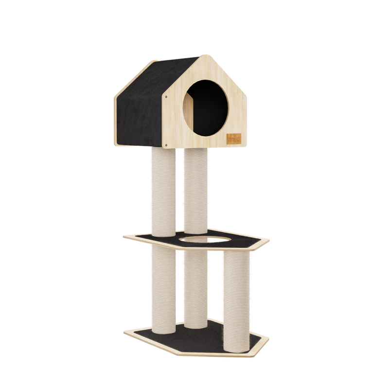 Cat tree with a black platform and beige scratching posts on a white background