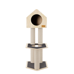 Cat tree with a round hiding spot on a white background