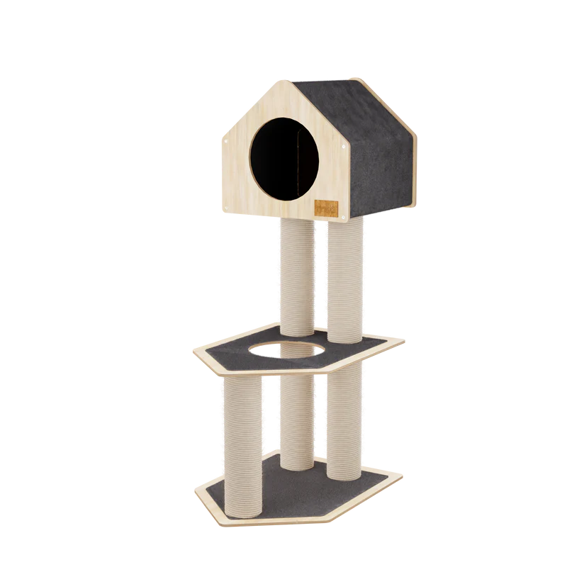 Cat tree with multiple levels and a cylindrical post on a white background