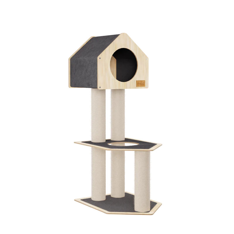 Cat tree with a house-shaped top and two scratching posts on a white background