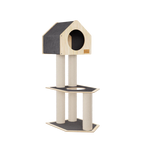 Cat tree with a house-shaped top and two scratching posts on a white background