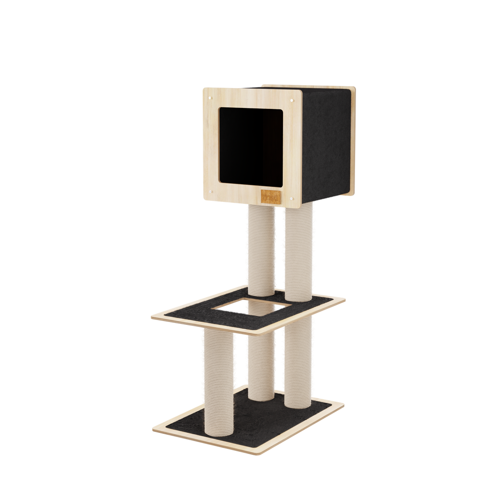 Cat tree with multiple levels and a black platform on a white background