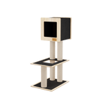 Cat tree with multiple levels and a black platform on a white background
