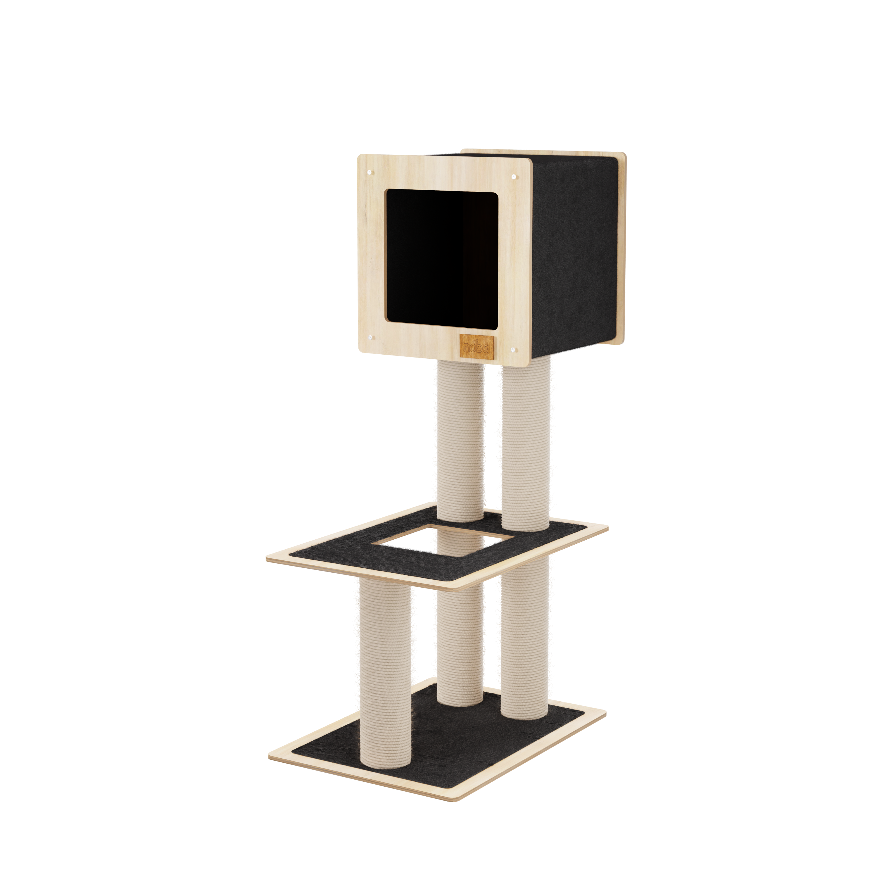 Cat tree with multiple levels and a black platform on a white background