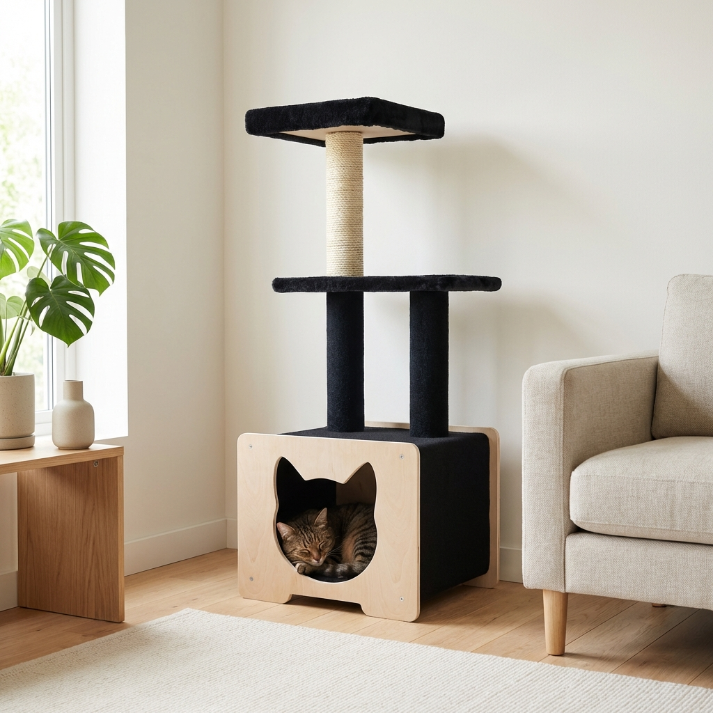 Cat tree with a cat peeking out in a room with a couch and plant