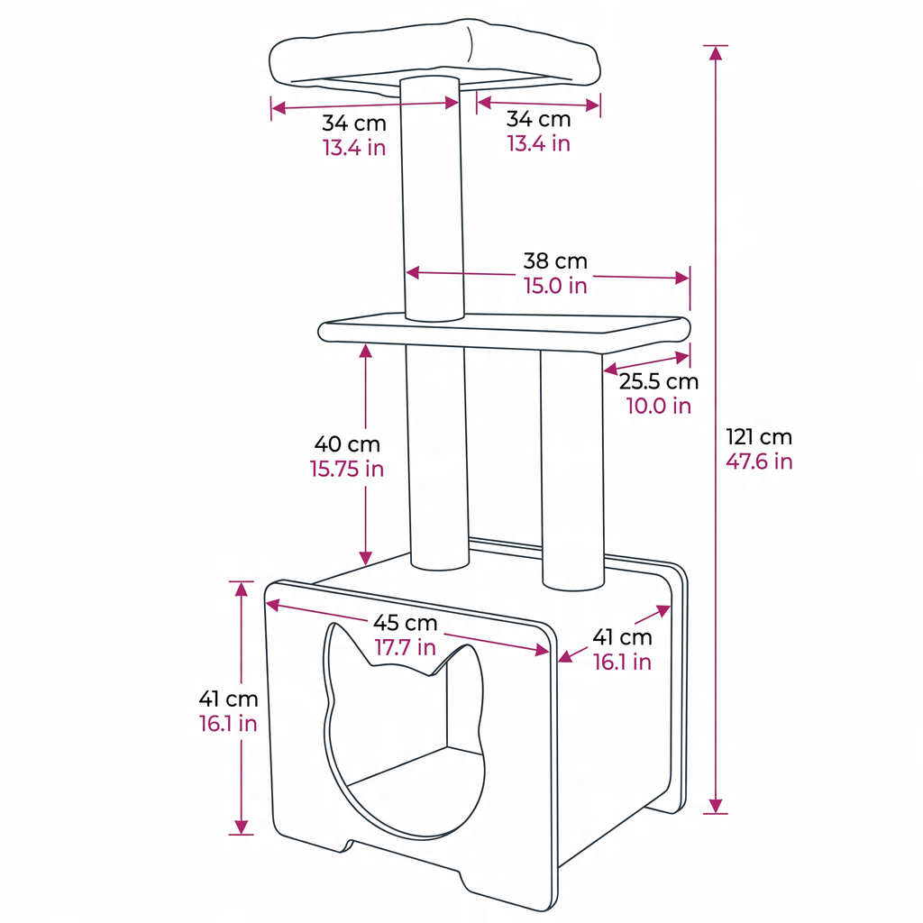 Measurement chart of a cat tree with dimensions labeled
