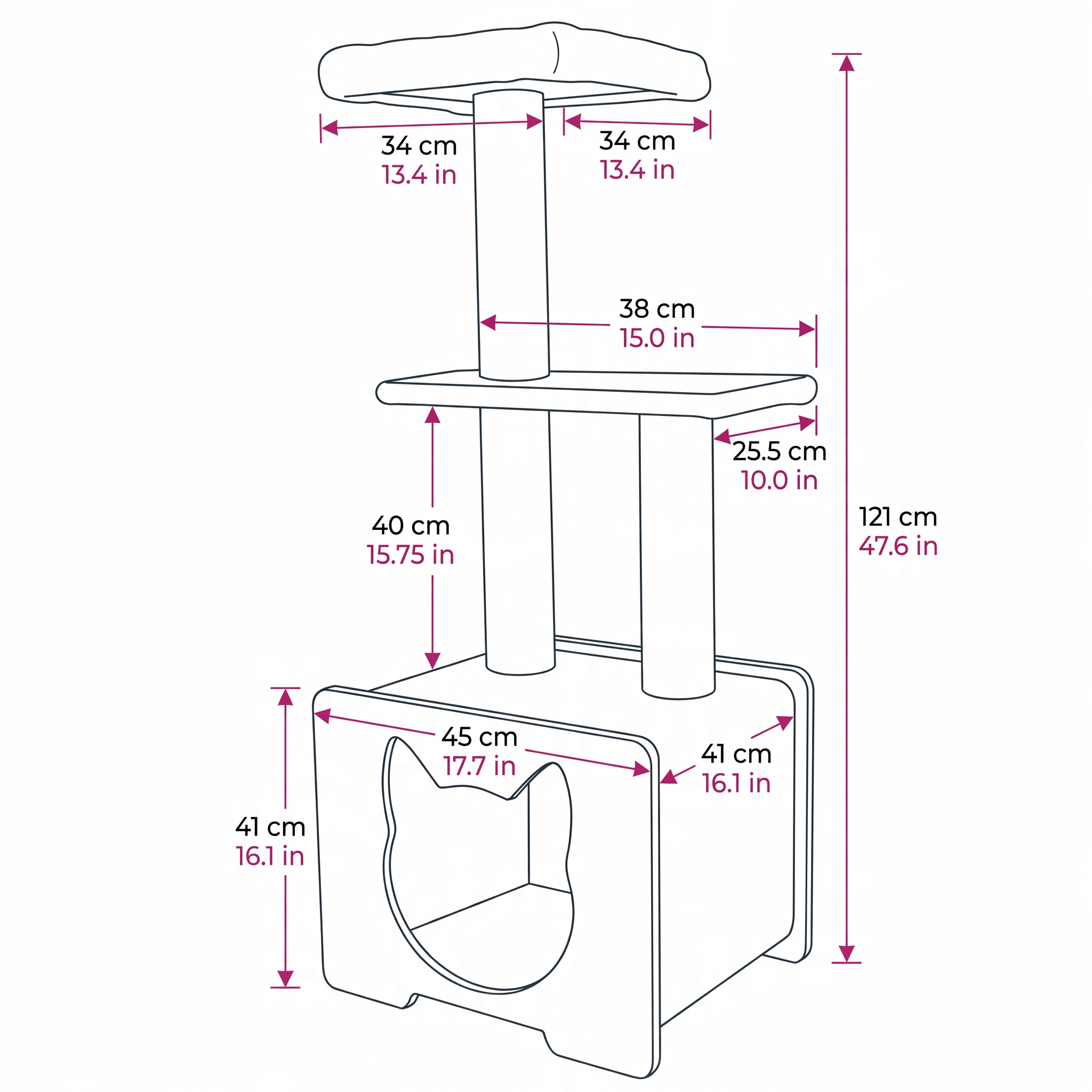 Measurement chart of a cat tree with dimensions labeled