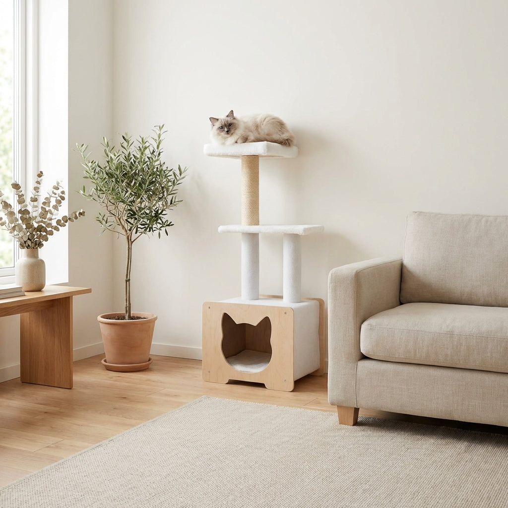 Cat sitting on a cat tree in a room with a couch, plant, and small table.