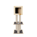 Cat tree with multiple levels and a scratching post on a white background