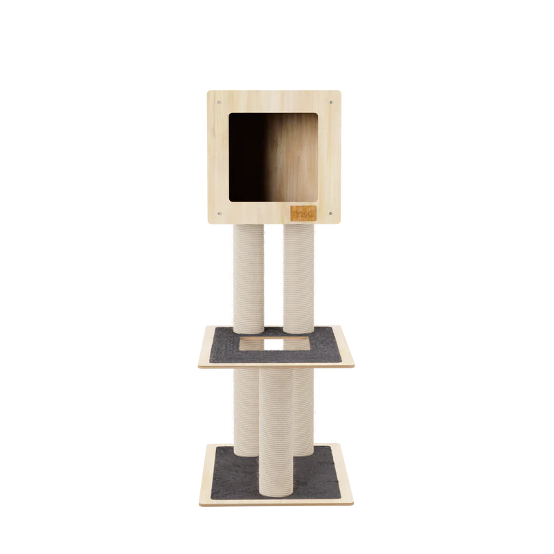 Cat tree with multiple levels and a scratching post on a white background