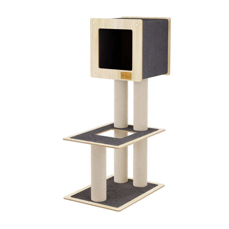 Cat tree with multiple levels and a platform on a white background