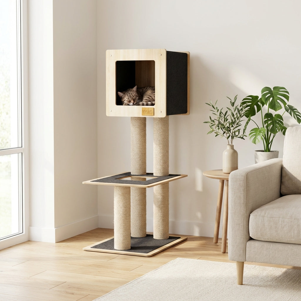 Cat tree in a room with a cat inside, a sofa, and plants.