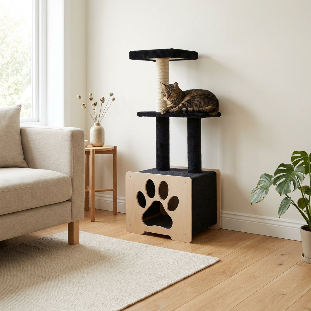 Cat sitting on a black and wooden cat tree in a living room.