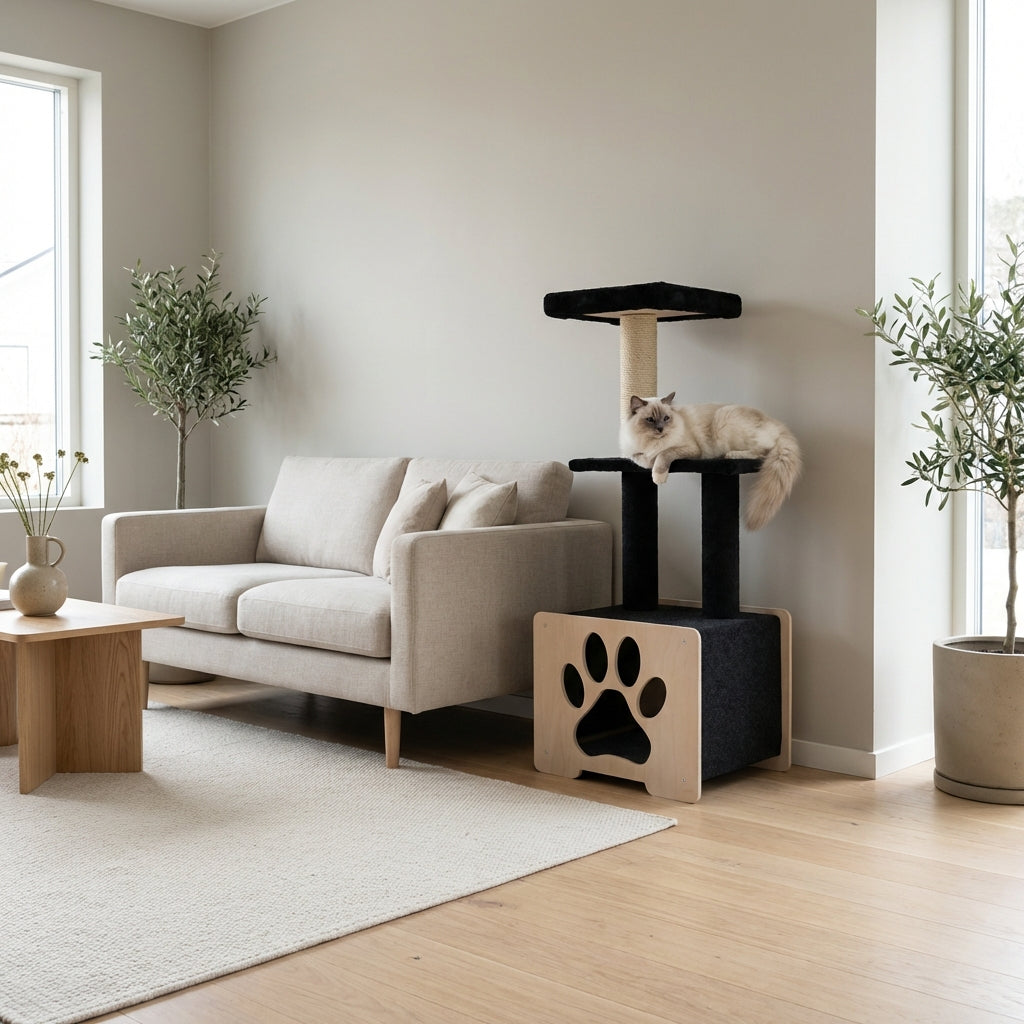 Cat on a cat tree in a modern living room with a sofa and plants.
