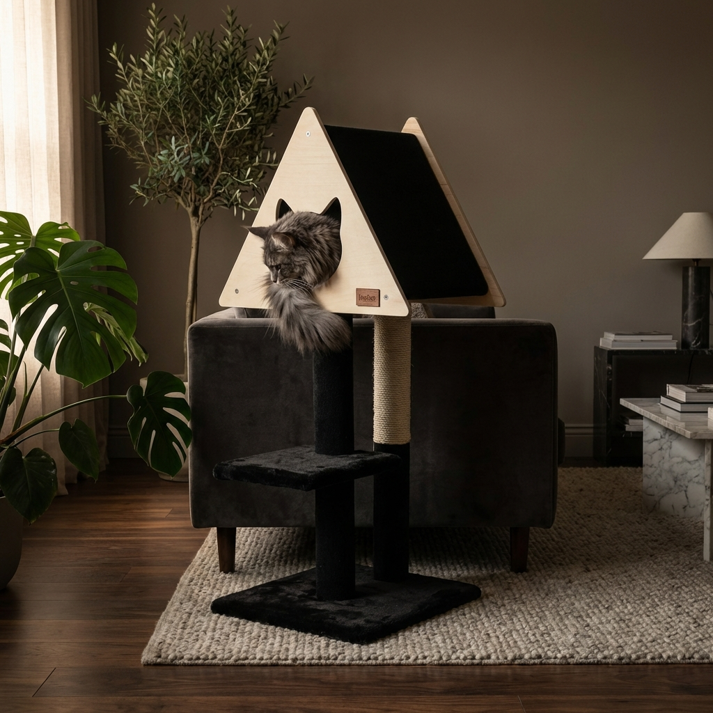 Cat sitting on a modern cat tree in a cozy living room.