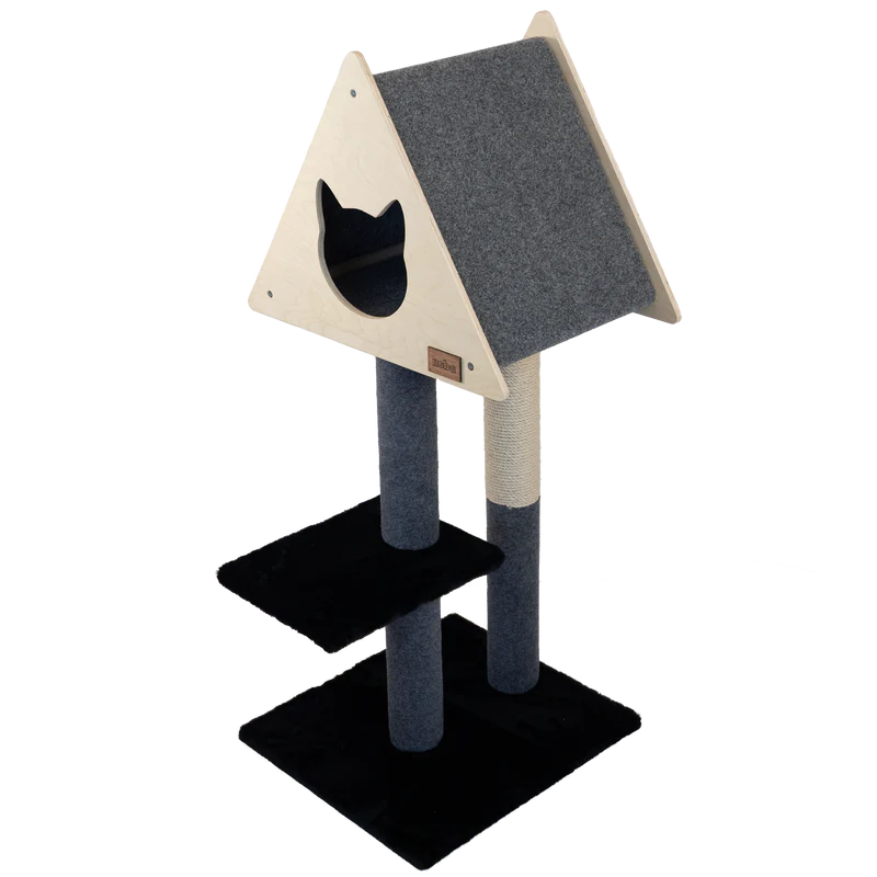 Cat tree with gray and beige design on a white background