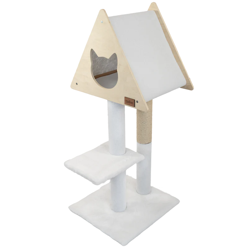 Cat tree with a white base, beige top, and gray cushion on a white background