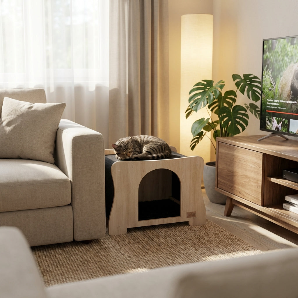 Cat lying on a wooden pet bed in a cozy living room with a sofa, TV, and plants.