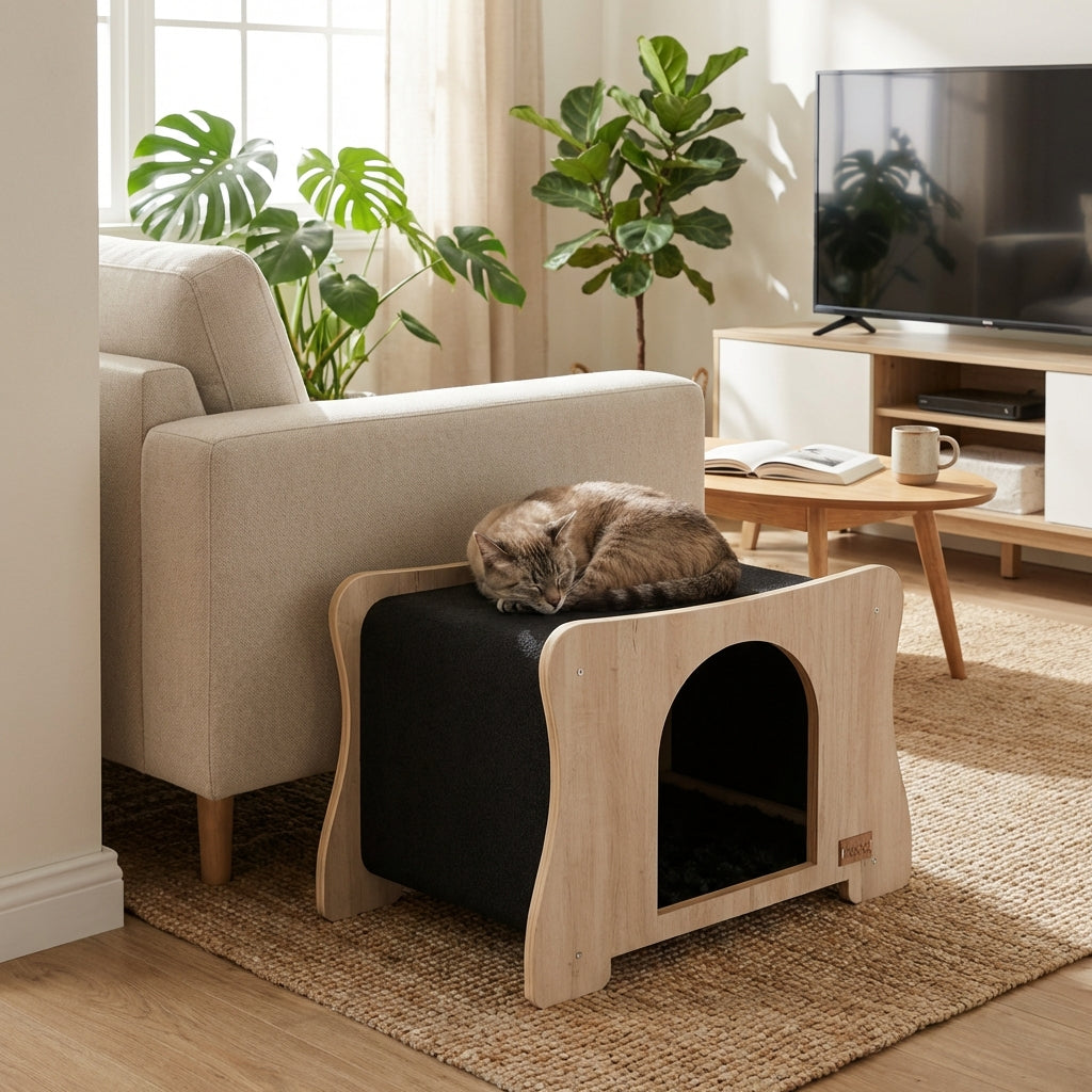 Cat sitting on a wooden and black pet bed in a living room with a couch, plants, and TV.