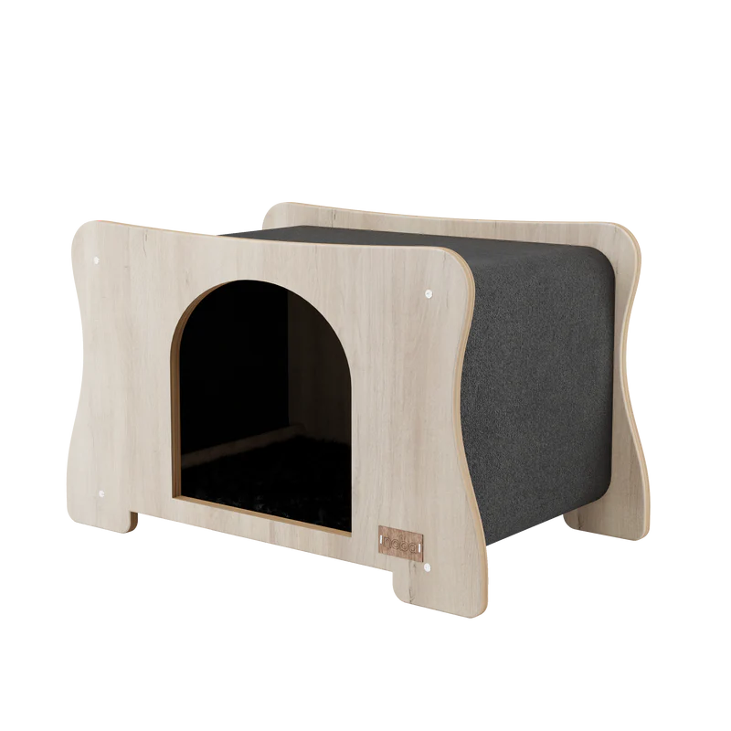 Pet house with wooden frame and gray interior on a white background