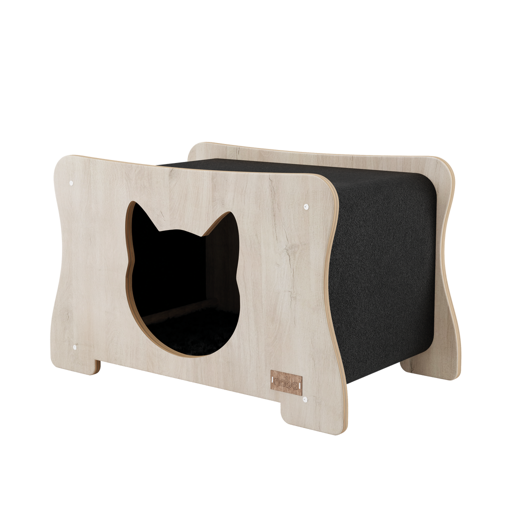 Cat-shaped wooden bed with black interior on a white background