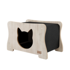 Cat-shaped wooden bed with black interior on a white background